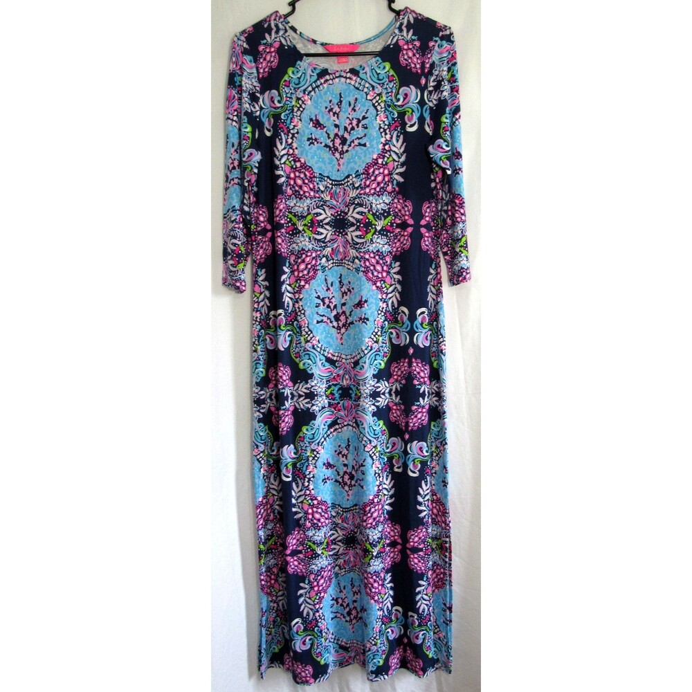 Lilly Pulitzer Morgann Blue Floral 3/4 Sleeve Side Slits Maxi Dress Size M EUC